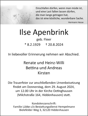 Traueranzeige von Ilse Apenbrink von Westfalen Blatt