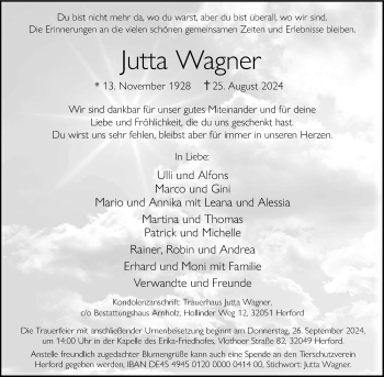 Traueranzeige von Jutta Wagner von Westfalen Blatt