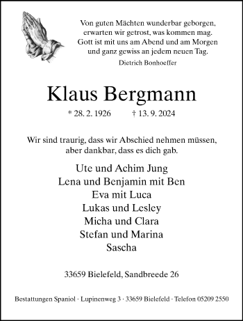 Traueranzeige von Klaus Bergmann von Westfalen Blatt