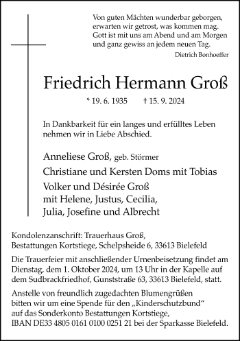 Traueranzeige von Friedrich Hermann Groß von Westfalen Blatt