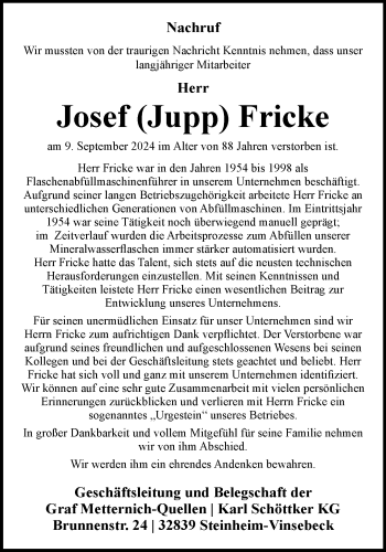 Traueranzeige von Josef Fricke von Westfalen Blatt