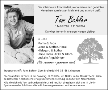 Traueranzeige von Tom Behler von Westfalen Blatt