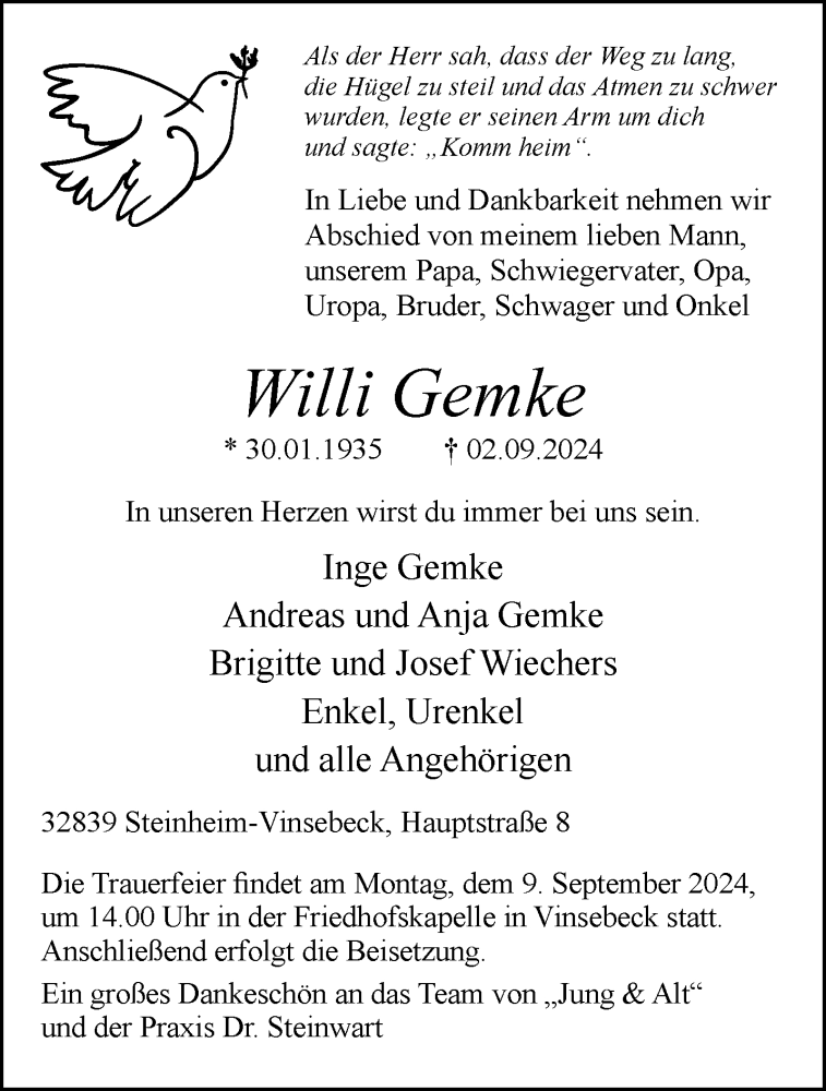  Traueranzeige für Willi Gemke vom 06.09.2024 aus Westfalen Blatt