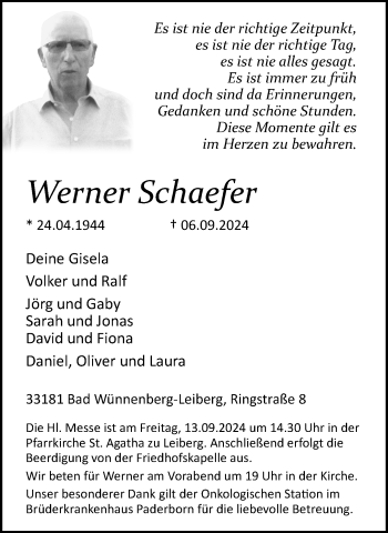 Traueranzeige von Werner Schaefer von Westfalen Blatt