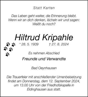 Traueranzeige von Hiltrud Kripahle von Westfalen Blatt