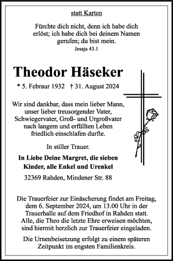 Traueranzeige von Theodor Häseker von Westfalen Blatt