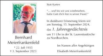 Traueranzeige von Bernhard Meierfrankenfeld von Westfalen Blatt