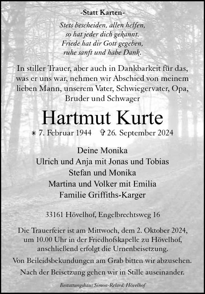  Traueranzeige für Hartmut Kurte vom 28.09.2024 aus Westfalen Blatt