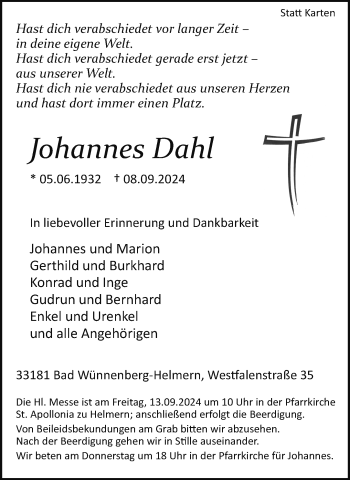 Traueranzeige von Johannes Dahl von Westfalen Blatt