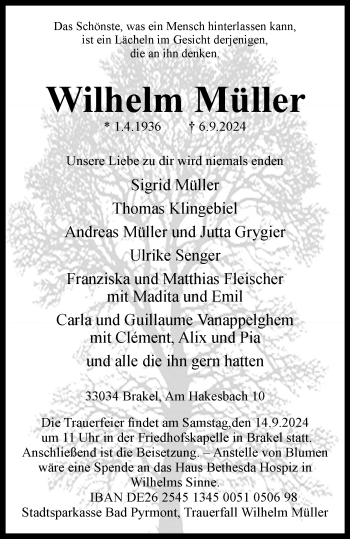 Traueranzeige von Wilhelm Müller von Westfalen Blatt