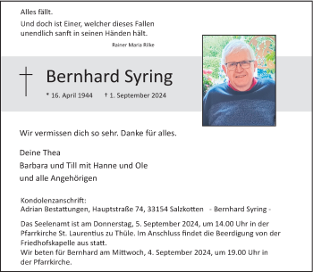 Traueranzeige von Bernhard Syring von Westfalen Blatt