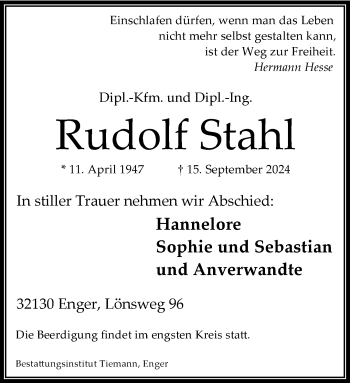 Traueranzeige von Rudolf Stahl von Westfalen Blatt