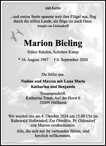 Traueranzeige von Marion Bieling von Westfalen Blatt