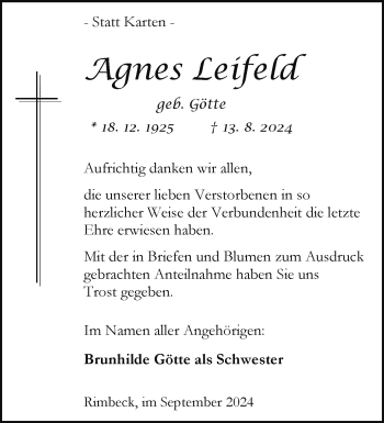 Traueranzeige von Agnes Leifeld von Westfalen Blatt