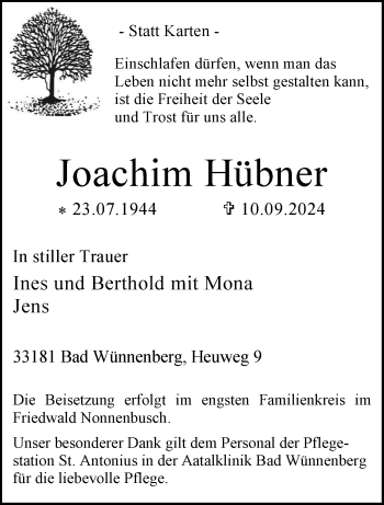 Traueranzeige von Joachim Hübner von Westfalen Blatt