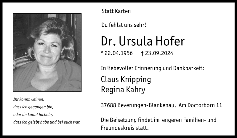  Traueranzeige für Dr. Ursula Hofer vom 28.09.2024 aus Westfalen Blatt