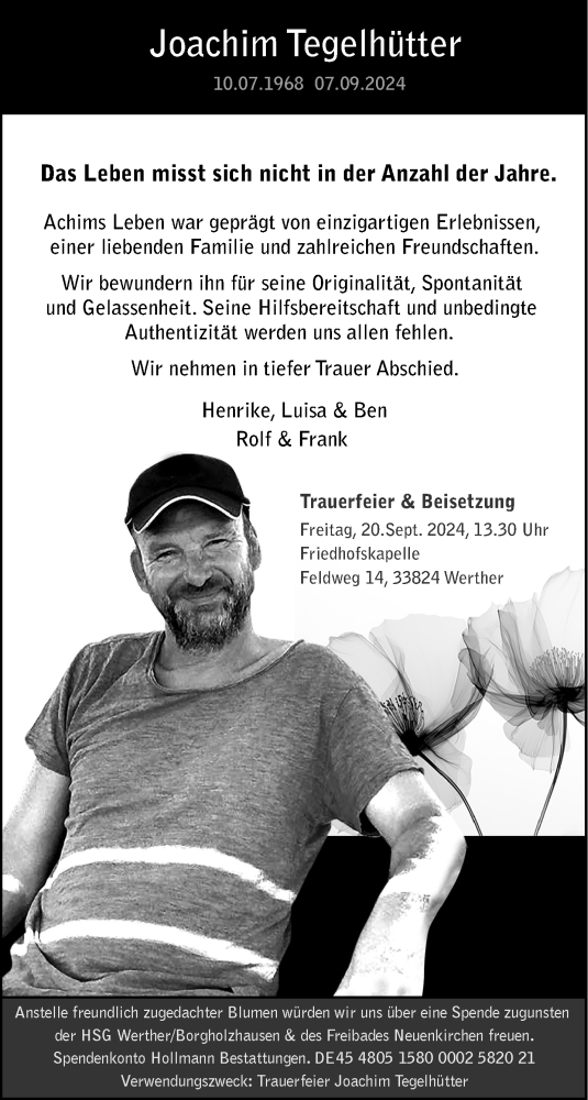  Traueranzeige für Joachim Tegelhütter vom 14.09.2024 aus Westfalen Blatt