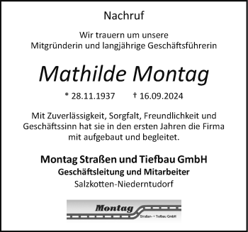 Traueranzeige von Mathilde Montag von Westfalen Blatt