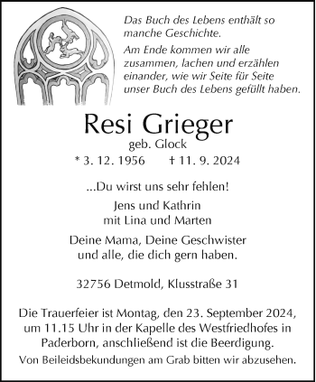 Traueranzeige von Resi Grieger von Westfalen Blatt