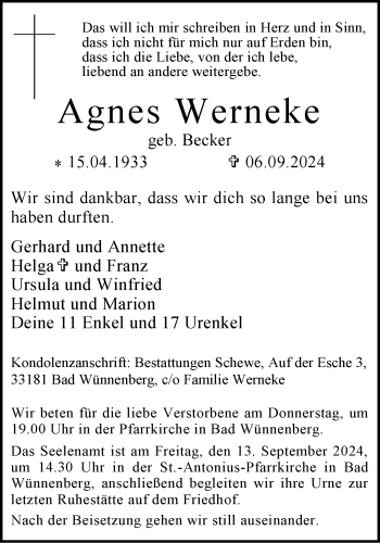 Traueranzeige von Agnes Werneke von Westfalen Blatt