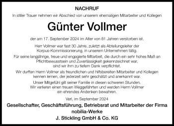 Traueranzeige von Günter Vollmer von Westfalen Blatt