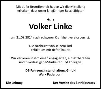 Traueranzeige von Volker Linke von Westfalen Blatt