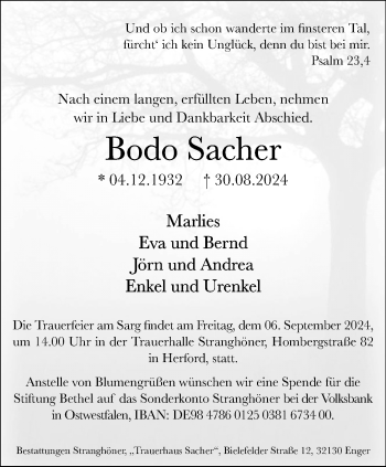 Traueranzeige von Bodo Sacher von Westfalen Blatt