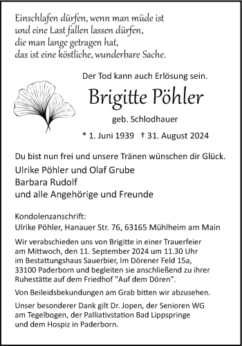 Traueranzeige von Brigitte Pöhler von Westfalen Blatt