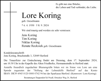 Traueranzeige von Lore Koring von Westfalen Blatt