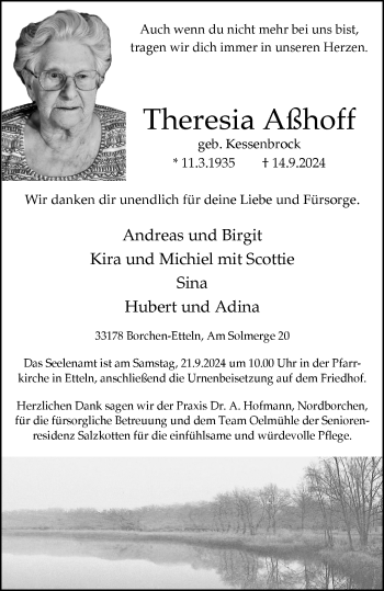 Traueranzeige von Theresia Ahoff von Westfalen Blatt