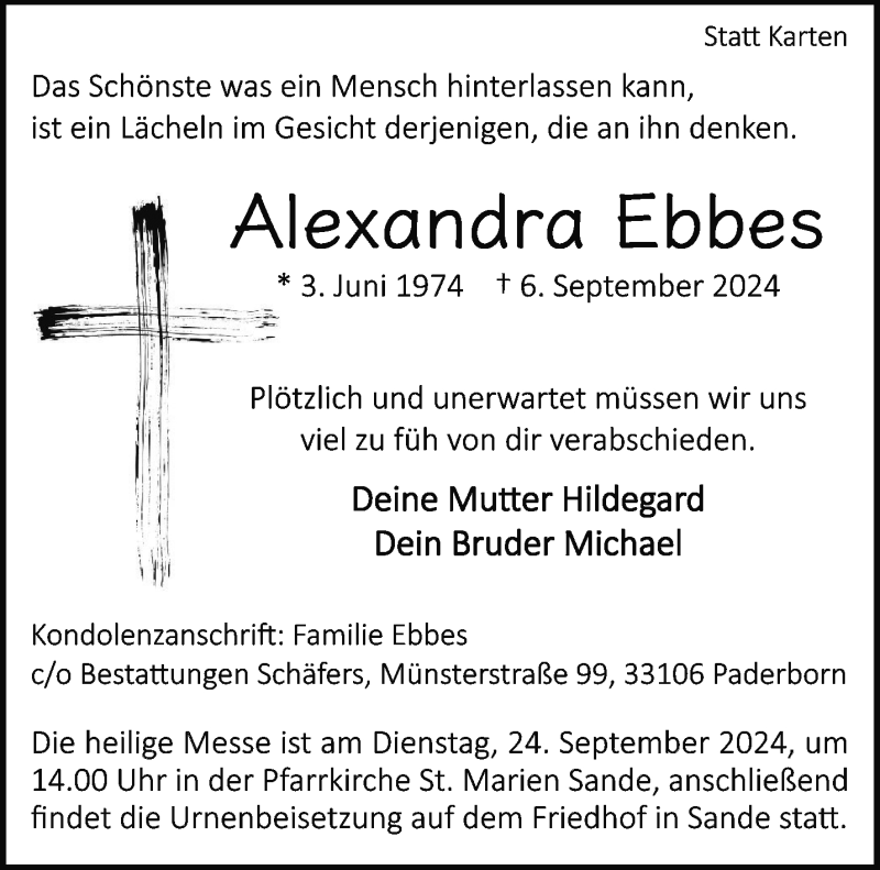  Traueranzeige für Alexandra Ebbes vom 14.09.2024 aus Westfalen Blatt