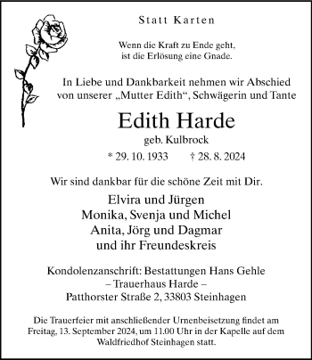 Traueranzeige von Edith Harde von Westfalen Blatt