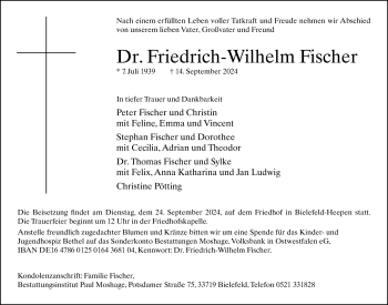 Traueranzeige von Dr. Friedrich-Wilhelm Fischer von Westfalen Blatt