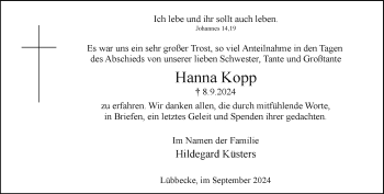 Traueranzeige von Hanna Kopp von Westfalen Blatt