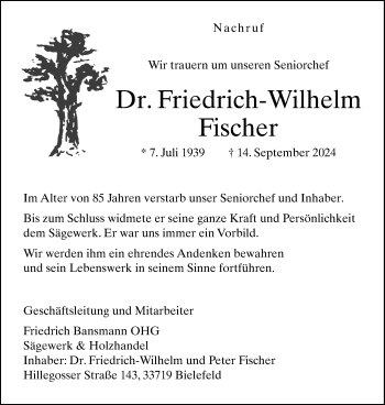 Traueranzeige von Dr. Friedrich-Wilhelm Fischer von Westfalen Blatt