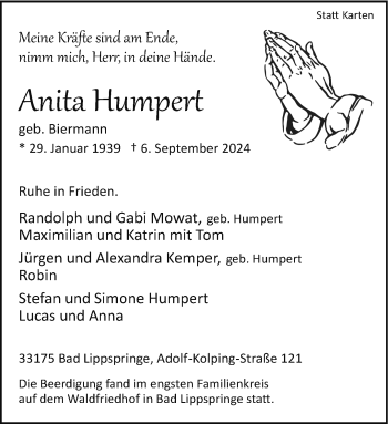 Traueranzeige von Anita Humpert von Westfalen Blatt