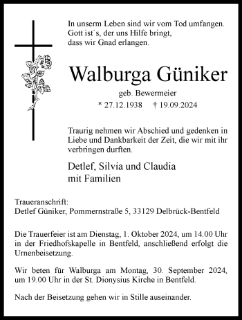 Traueranzeige von Walburga Güniker von Westfalen Blatt