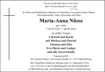 Traueranzeige von Maria-Anna Nüsse von Westfalen Blatt