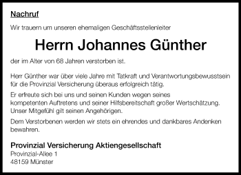 Traueranzeige von Johannes Günther von Westfalen Blatt