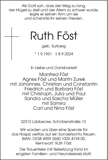 Traueranzeige von Ruth Föst von Westfalen Blatt