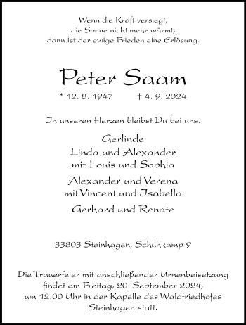 Traueranzeige von Peter Saam von Westfalen Blatt