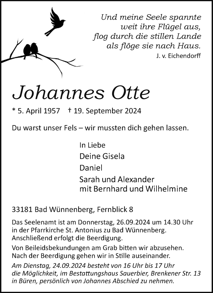  Traueranzeige für Johannes Otte vom 23.09.2024 aus Westfalen Blatt