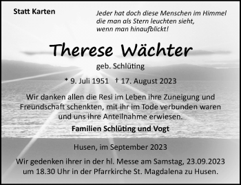 Traueranzeige von Therese Wächter von Westfalen Blatt