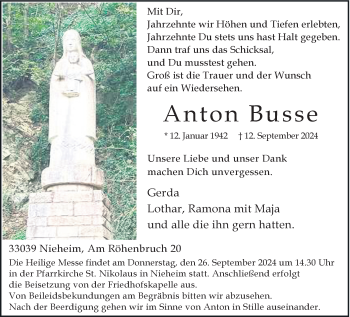 Traueranzeige von Anton Busse von Westfalen Blatt