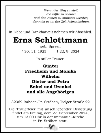 Traueranzeige von Erna Schlottmann von Westfalen Blatt