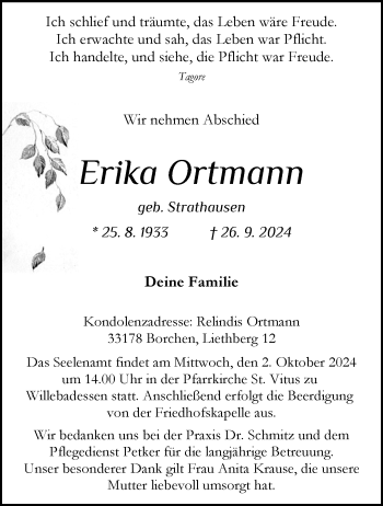 Traueranzeige von Erika Ortmann von Westfalen Blatt