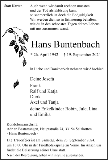 Traueranzeige von Hans Buntenbach von Westfalen Blatt