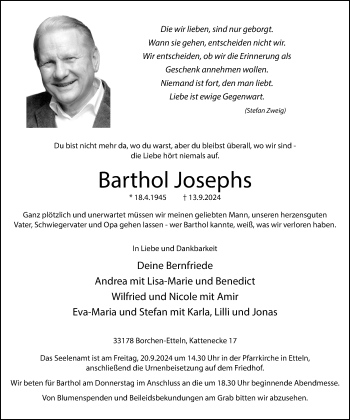 Traueranzeige von Barthol Josephs von Westfalen Blatt