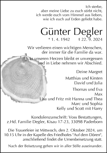 Traueranzeige von Günter Degler von Westfalen Blatt