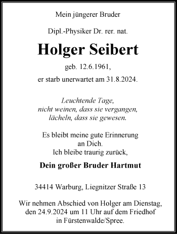 Traueranzeige von Holger Seibert von Westfalen Blatt